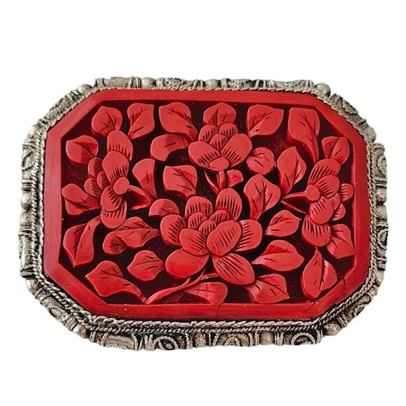China Import Silver Plate Deep Carved Leaf Flower Cinnabar Brooch L358
